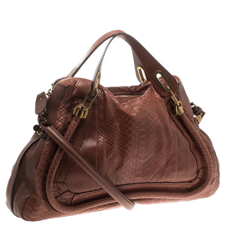 Pre Owned Chloe Brown Python and Leather Large Paraty Shoulder Bag