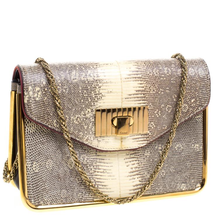 مملوكة مسبقًا Chloe Beige Lizard Skin Frame Sally Shoulder Bag