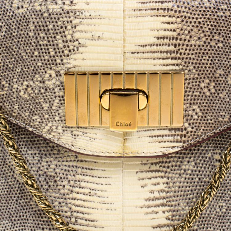 مملوكة مسبقًا Chloe Beige Lizard Skin Frame Sally Shoulder Bag