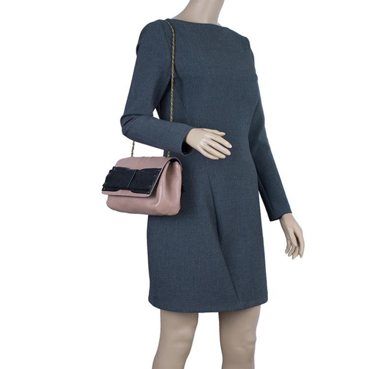 Pre Owned Chloe Beige/Black Leather Small June Bow Shoulder Bag