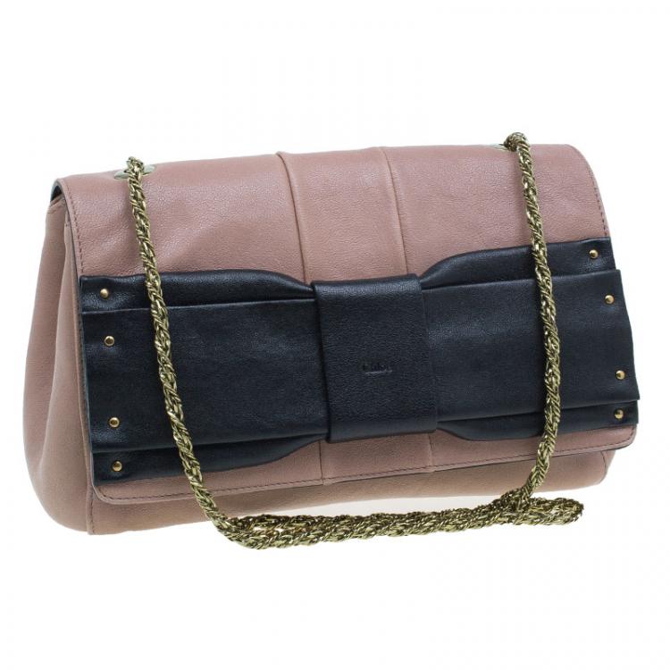 Pre Owned Chloe Beige/Black Leather Small June Bow Shoulder Bag