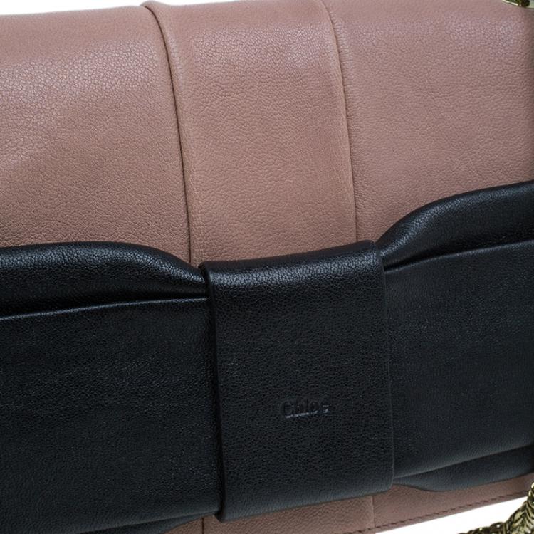 Pre Owned Chloe Beige/Black Leather Small June Bow Shoulder Bag