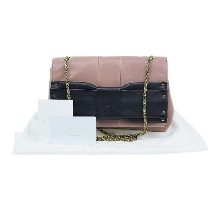 Pre Owned Chloe Beige/Black Leather Small June Bow Shoulder Bag