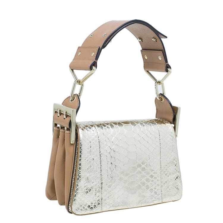 Pre Owned Chloe Gold/Beige Python and Leather Small Jade Shoulder Bag