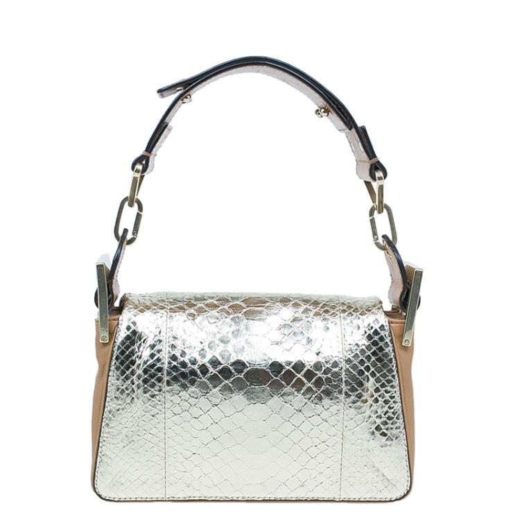 Pre Owned Chloe Gold/Beige Python and Leather Small Jade Shoulder Bag