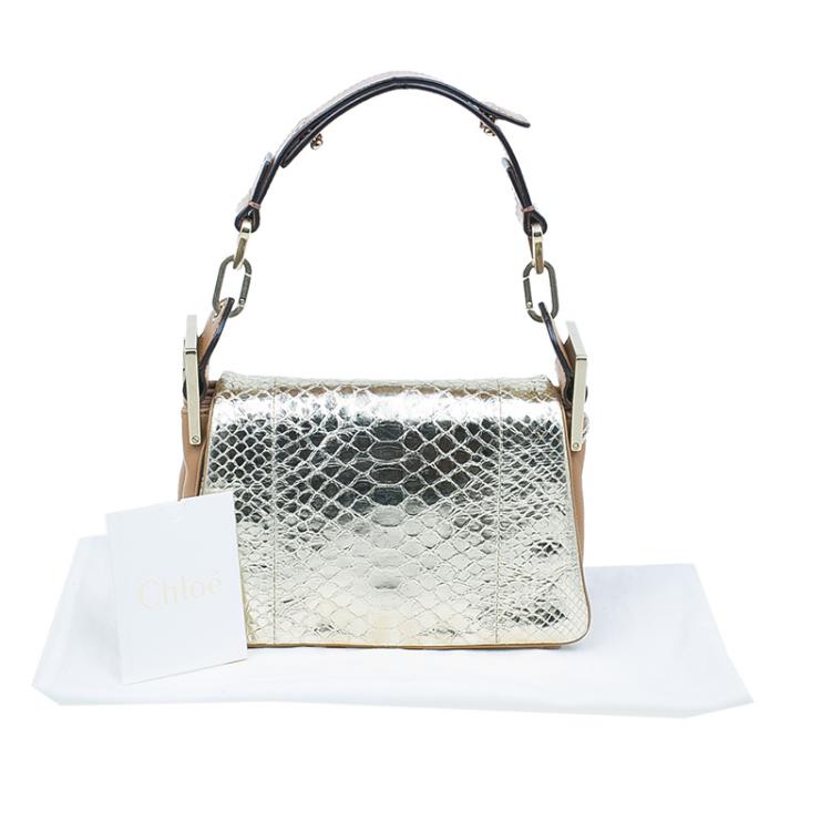 Pre Owned Chloe Gold/Beige Python and Leather Small Jade Shoulder Bag