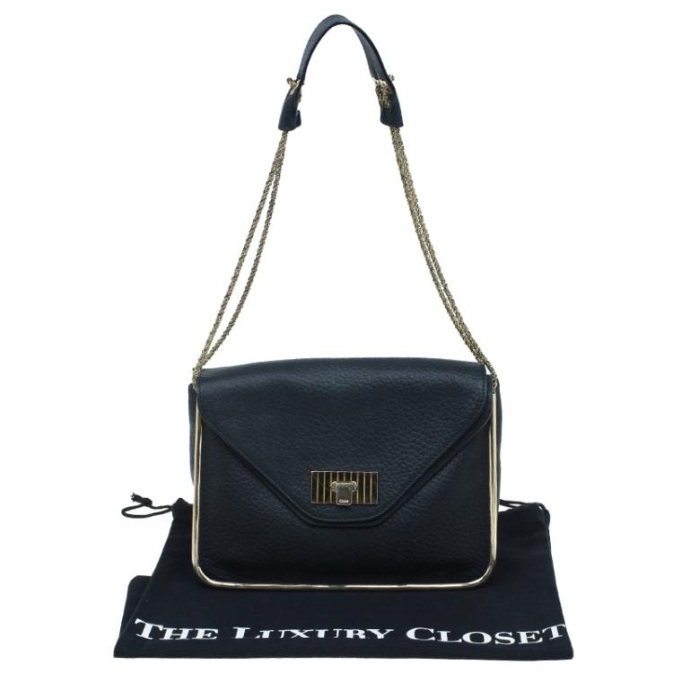 Pre Owned Chloe Black Pebbled Leather Medium Sally Flap Shoulder Bag