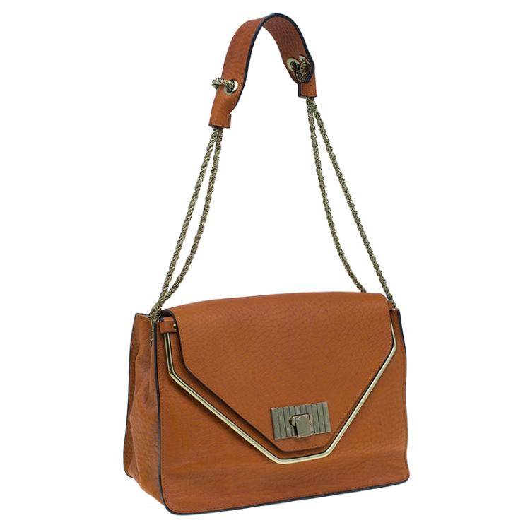 Pre Owned Chloe Orange Pebbled Leather Medium Sally Flap Shoulder Bag