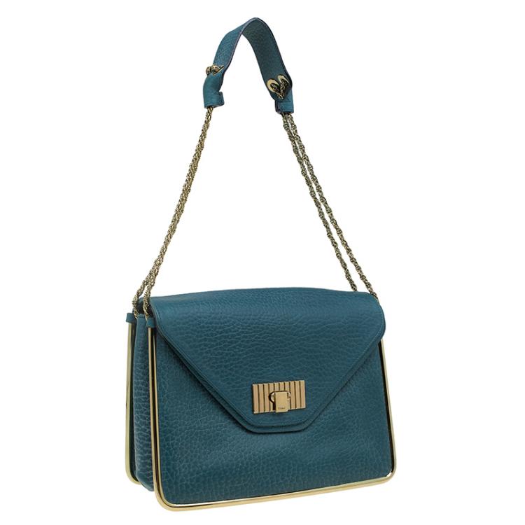 Pre Owned Chloe Green Pebbled Leather Medium Sally Flap Shoulder Bag
