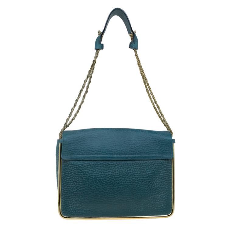Pre Owned Chloe Green Pebbled Leather Medium Sally Flap Shoulder Bag