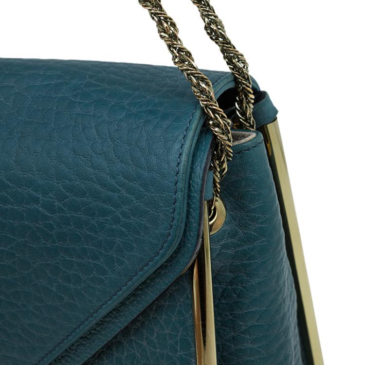 Pre Owned Chloe Green Pebbled Leather Medium Sally Flap Shoulder Bag