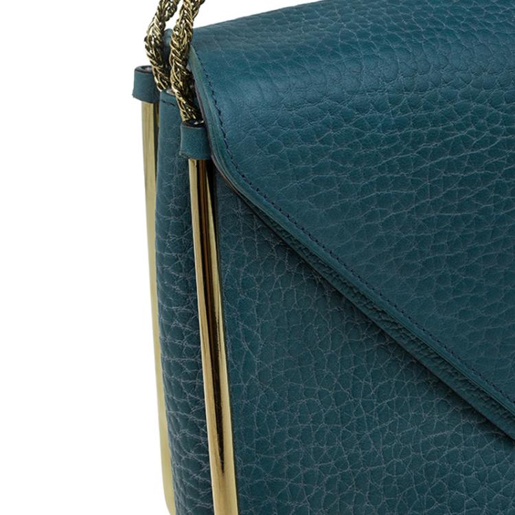 Pre Owned Chloe Green Pebbled Leather Medium Sally Flap Shoulder Bag
