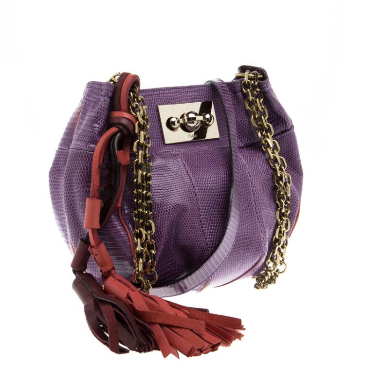 Pre Owned Chloe Purple Lizard Boudoir Bucket Crossbody Bag