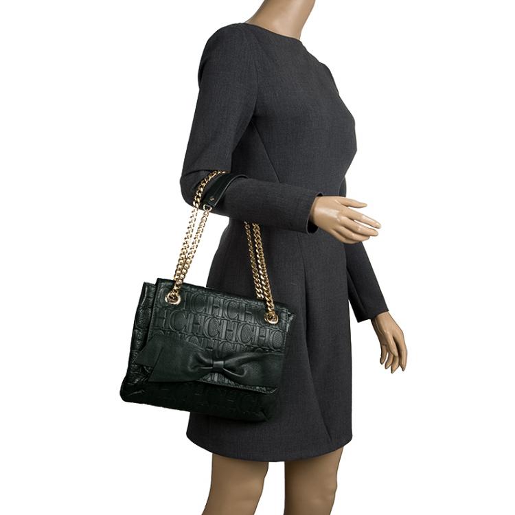Pre Owned Carolina Herrera Dark Green Monogram Leather Audrey Shoulder Bag