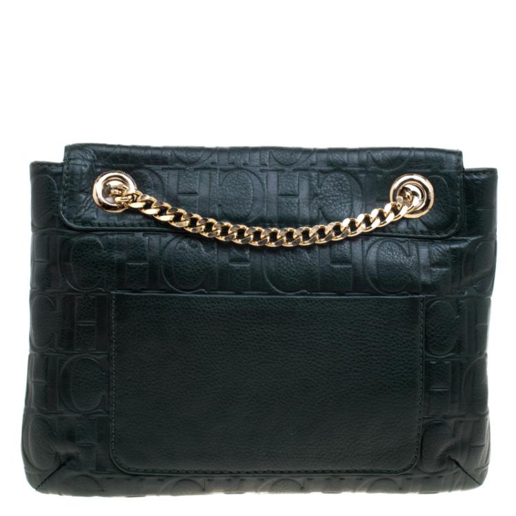 Pre Owned Carolina Herrera Dark Green Monogram Leather Audrey Shoulder Bag