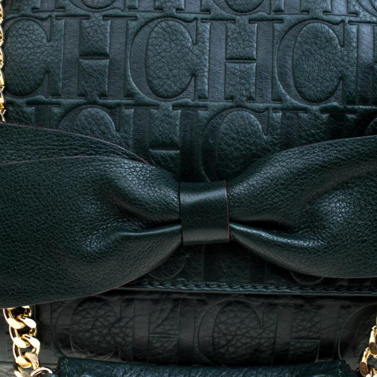 Pre Owned Carolina Herrera Dark Green Monogram Leather Audrey Shoulder Bag
