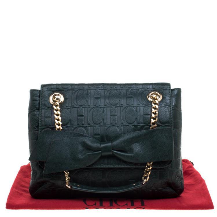 Pre Owned Carolina Herrera Dark Green Monogram Leather Audrey Shoulder Bag
