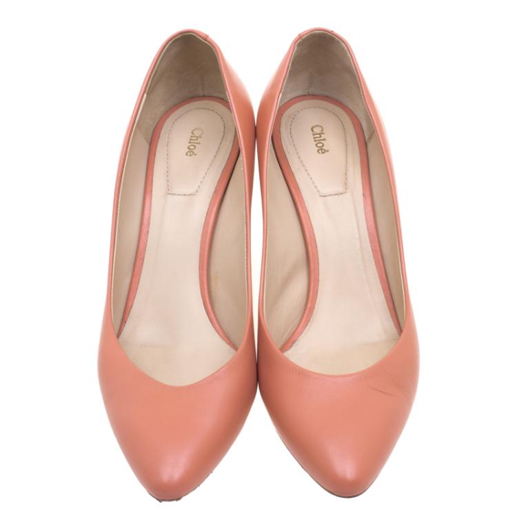 Pre Owned Chloe Peach Leather Beckie Block Heel Pumps Size 37