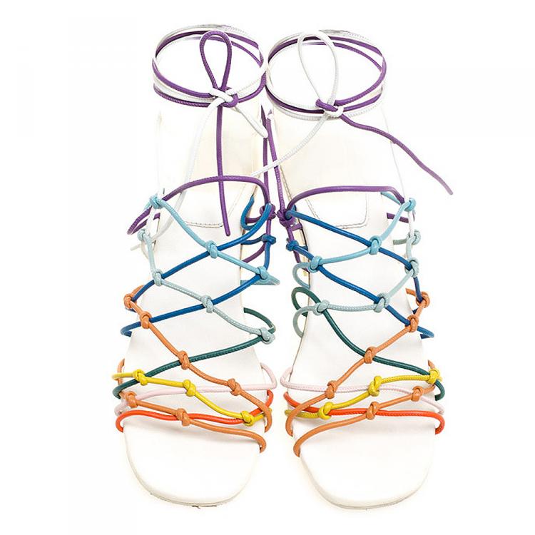 مملوكة مسبقًا Chloe Multicolor Knotted Leather Cord Ankle Wrap Sandals Size 39.5