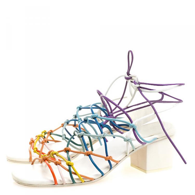 مملوكة مسبقًا Chloe Multicolor Knotted Leather Cord Ankle Wrap Sandals Size 39.5