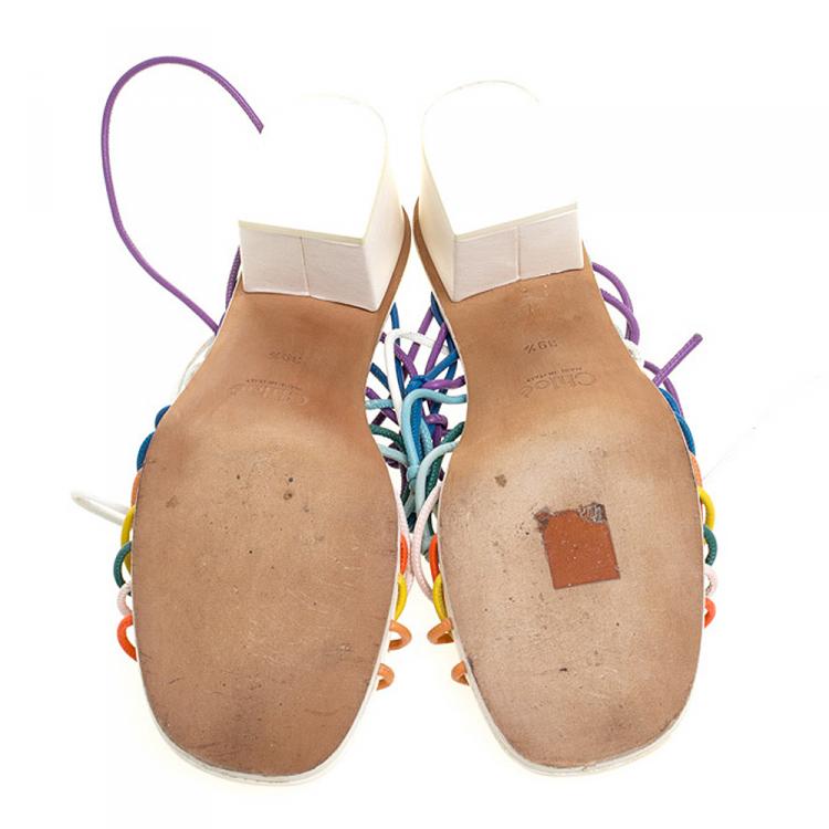 مملوكة مسبقًا Chloe Multicolor Knotted Leather Cord Ankle Wrap Sandals Size 39.5