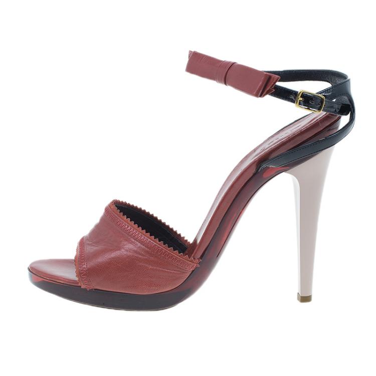Pre Owned Chloe Red Leather Bow Detail Ankle Strap Sandals Size 40