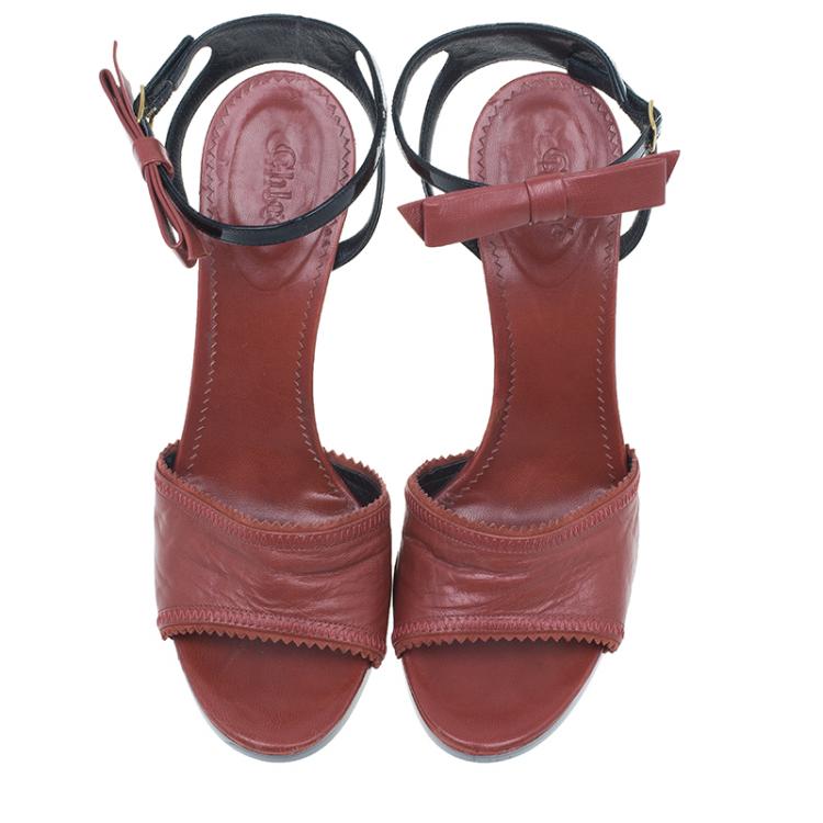 Pre Owned Chloe Red Leather Bow Detail Ankle Strap Sandals Size 40