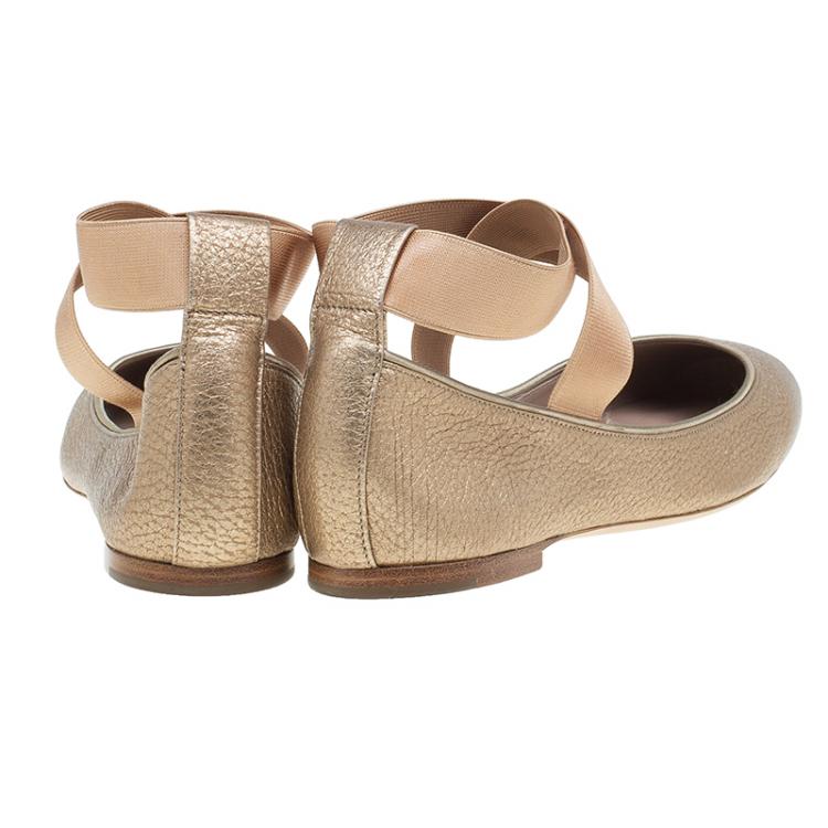Pre Owned Chloe Bronze Leather Criss Cross Ballet Flats Size 40
