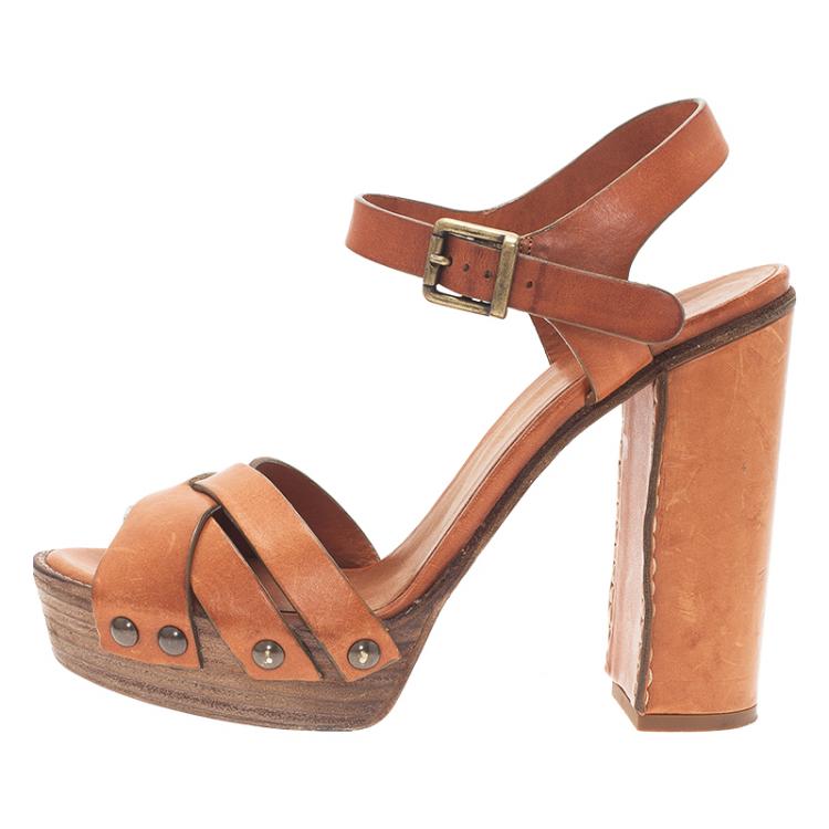 Pre Owned Chloe Tan Leather Platform Ankle Strap Sandals Size 39