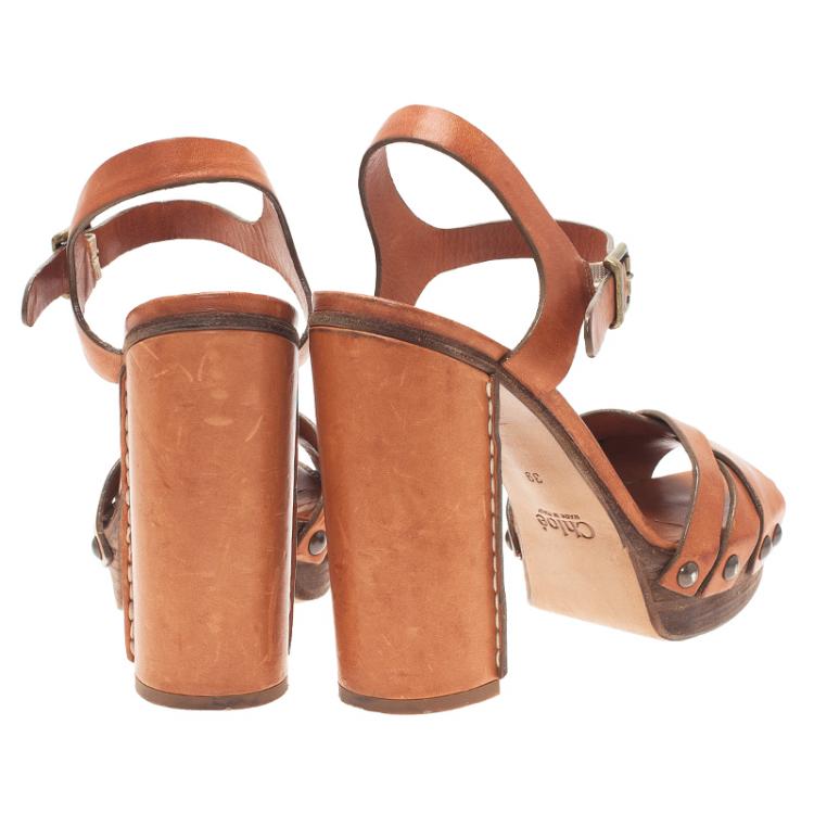 Pre Owned Chloe Tan Leather Platform Ankle Strap Sandals Size 39