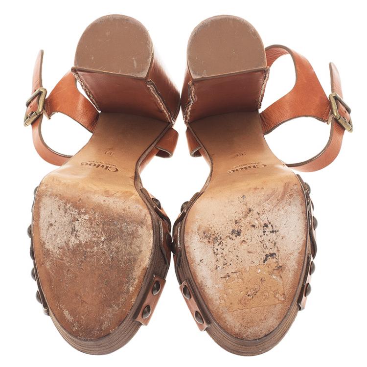 Pre Owned Chloe Tan Leather Platform Ankle Strap Sandals Size 39
