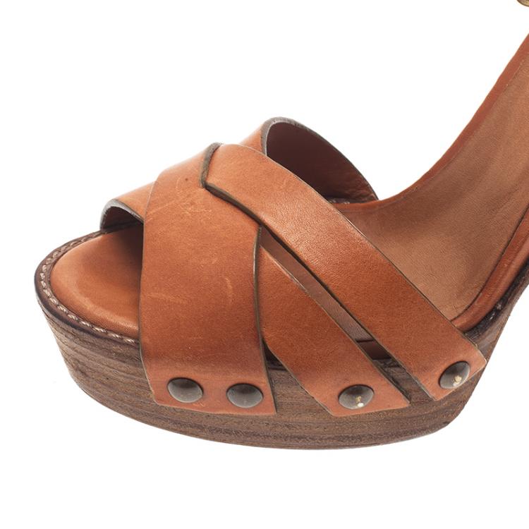 Pre Owned Chloe Tan Leather Platform Ankle Strap Sandals Size 39