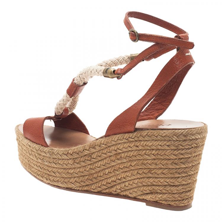 Pre Owned Chloe Tan Leather Rope Detail Espadrille Wedge Sandals Size 38