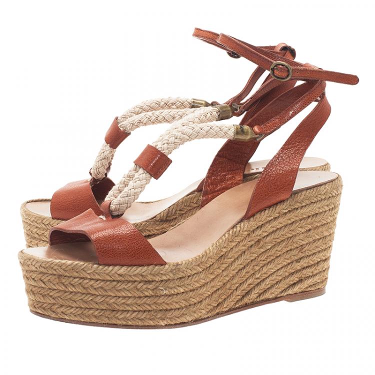 Pre Owned Chloe Tan Leather Rope Detail Espadrille Wedge Sandals Size 38