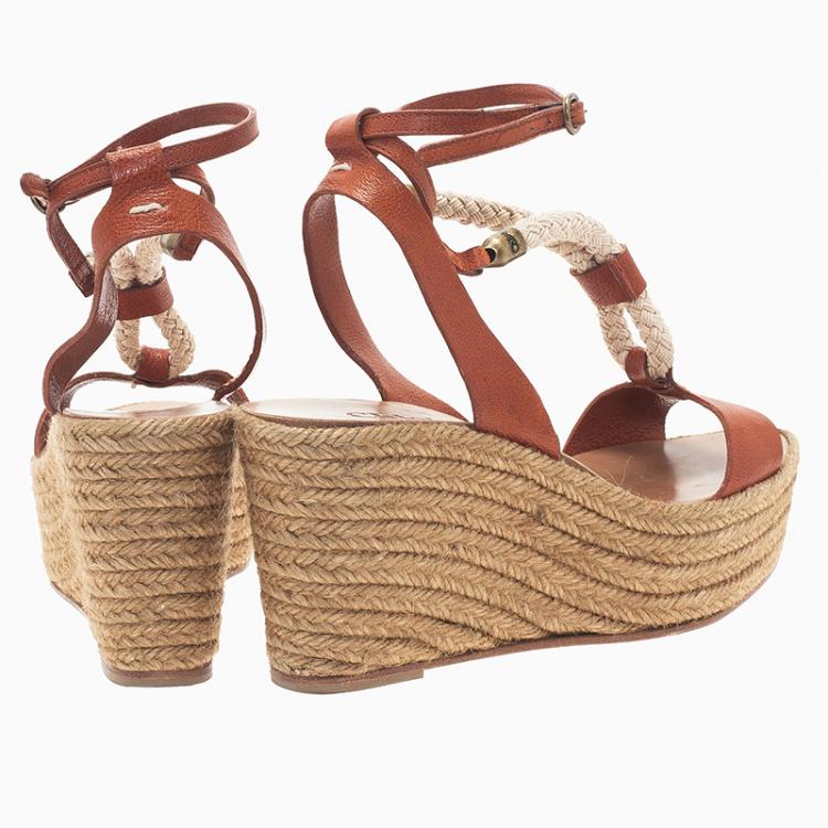 Pre Owned Chloe Tan Leather Rope Detail Espadrille Wedge Sandals Size 38