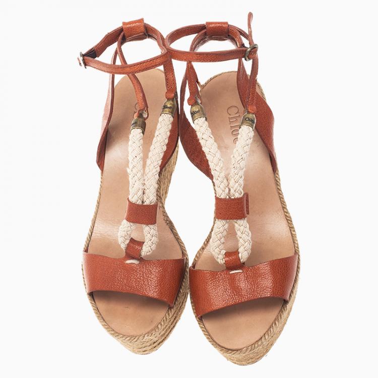 Pre Owned Chloe Tan Leather Rope Detail Espadrille Wedge Sandals Size 38