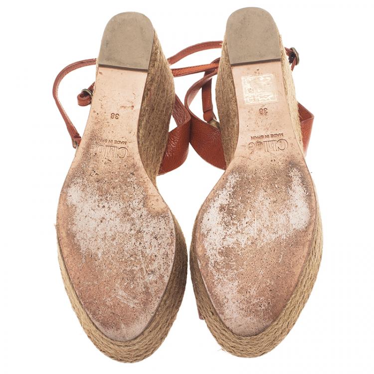 Pre Owned Chloe Tan Leather Rope Detail Espadrille Wedge Sandals Size 38