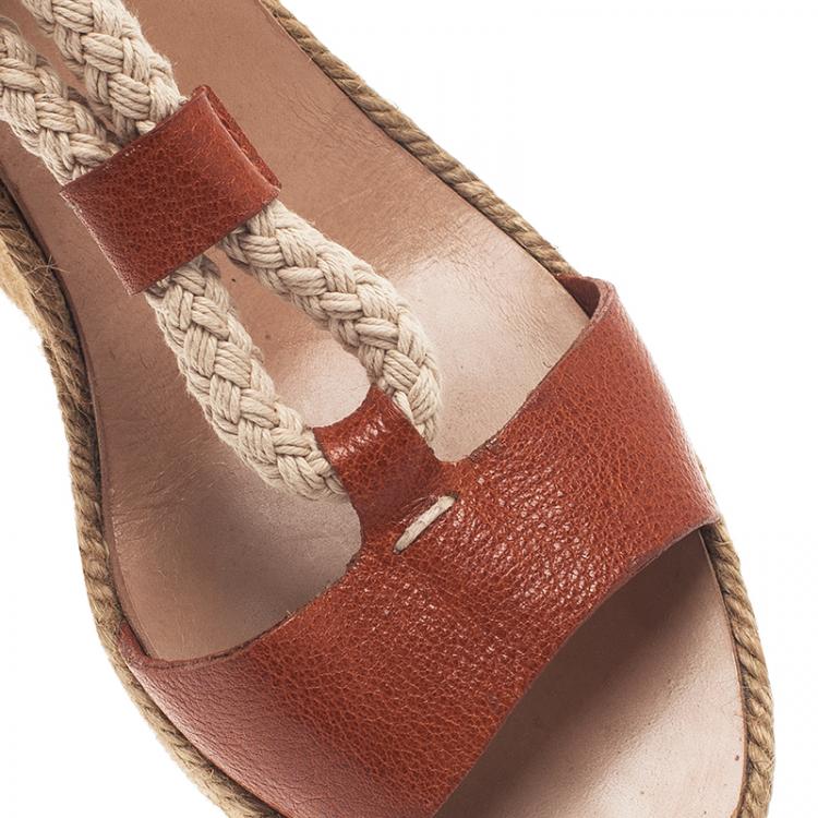 Pre Owned Chloe Tan Leather Rope Detail Espadrille Wedge Sandals Size 38