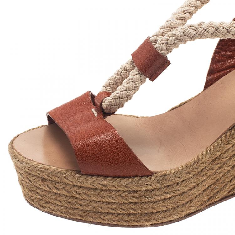 Pre Owned Chloe Tan Leather Rope Detail Espadrille Wedge Sandals Size 38