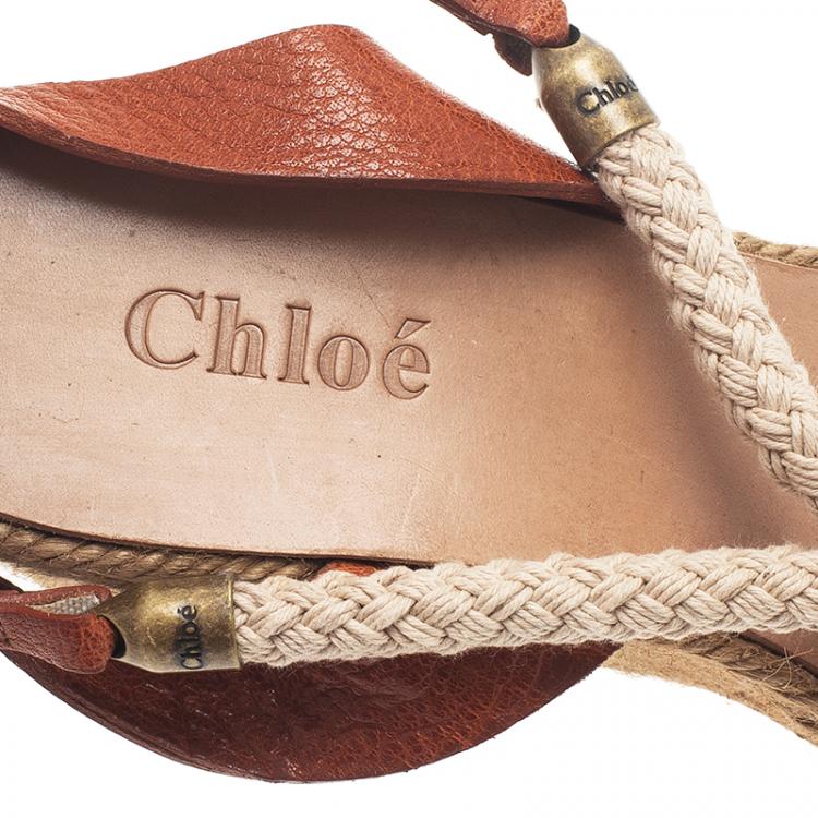 Pre Owned Chloe Tan Leather Rope Detail Espadrille Wedge Sandals Size 38