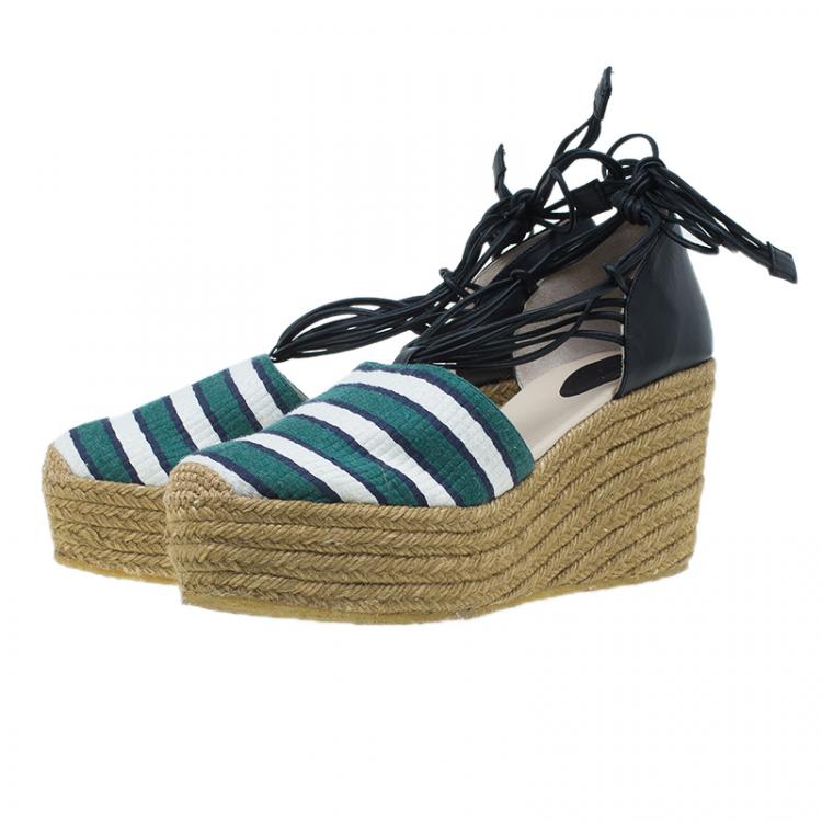 Pre Owned Chloe Green and White Striped Canvas and Leather Tie-Up Espadrille Wedges Size 39