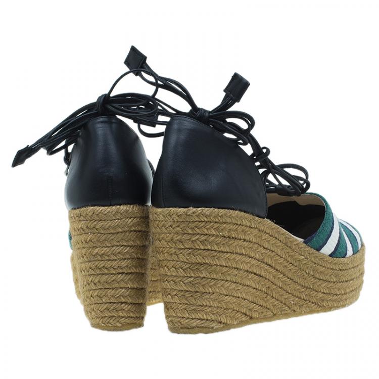 Pre Owned Chloe Green and White Striped Canvas and Leather Tie-Up Espadrille Wedges Size 39