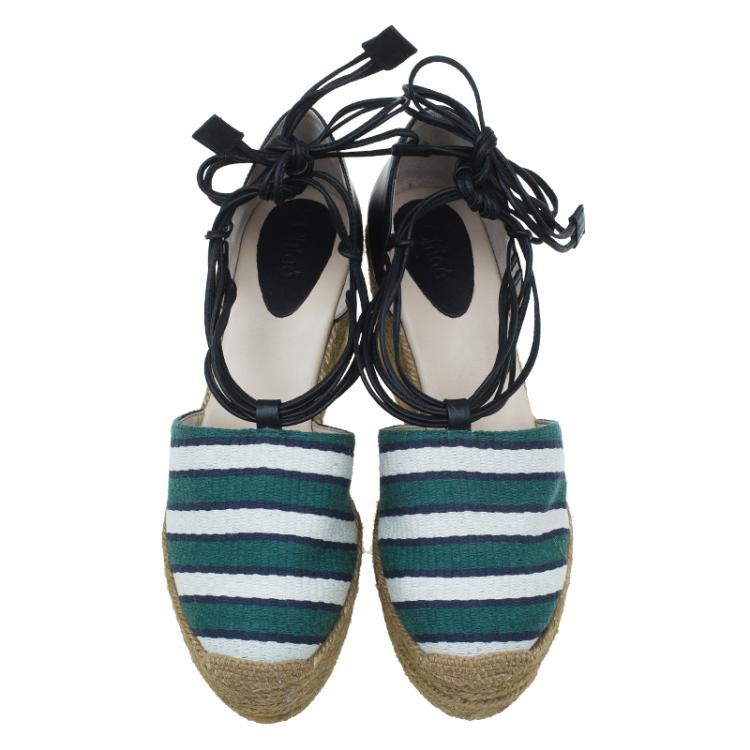 Pre Owned Chloe Green and White Striped Canvas and Leather Tie-Up Espadrille Wedges Size 39