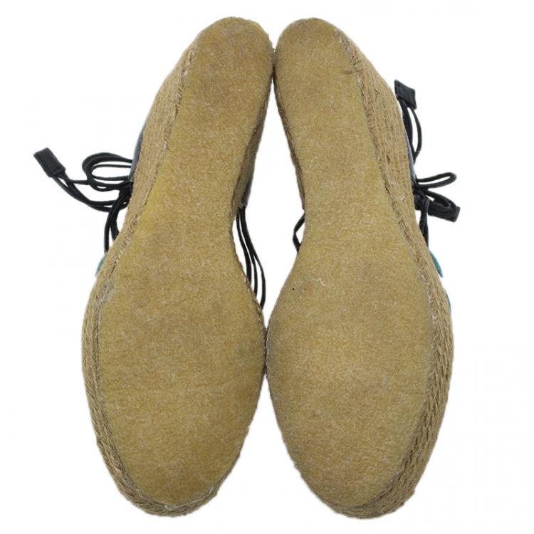 Pre Owned Chloe Green and White Striped Canvas and Leather Tie-Up Espadrille Wedges Size 39