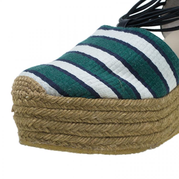Pre Owned Chloe Green and White Striped Canvas and Leather Tie-Up Espadrille Wedges Size 39