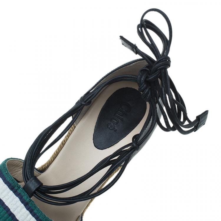 Pre Owned Chloe Green and White Striped Canvas and Leather Tie-Up Espadrille Wedges Size 39