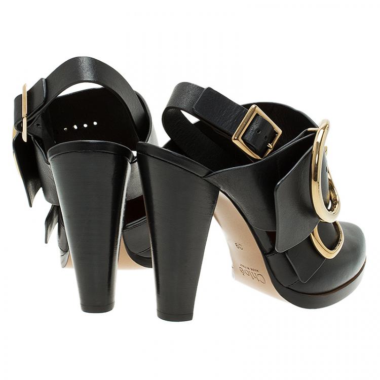 Pre Owned Chloe Black Leather Buckle Detail Slingback Sandals Size 39