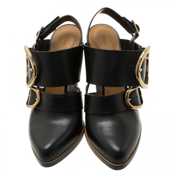 Pre Owned Chloe Black Leather Buckle Detail Slingback Sandals Size 39