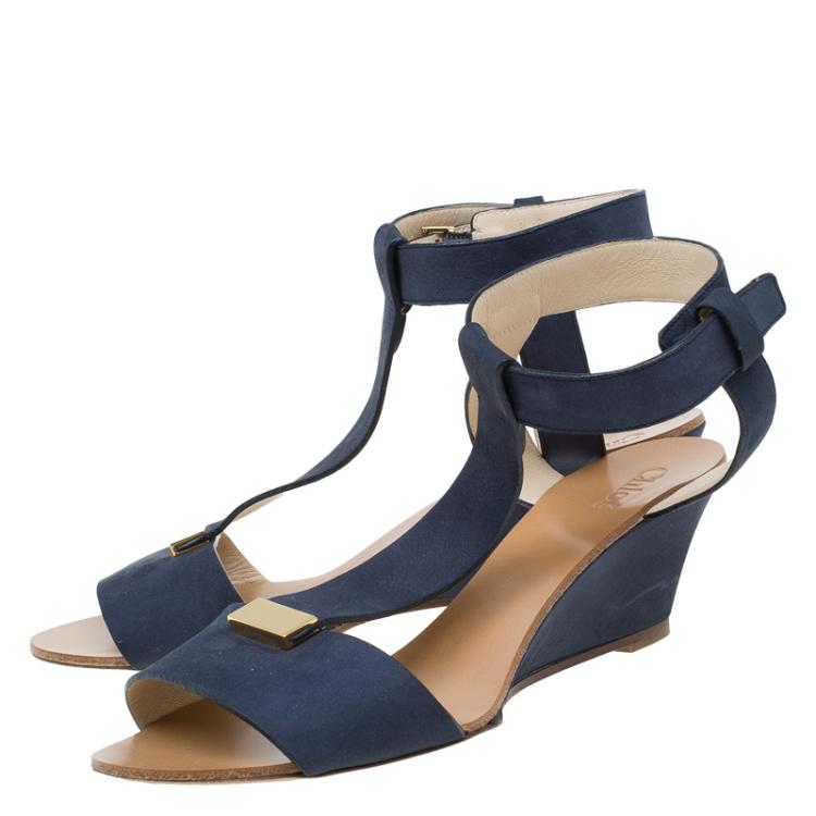 Pre Owned Chloe Navy Blue Nubuck T Strap Ankle Strap Wedge Sandals Size 37