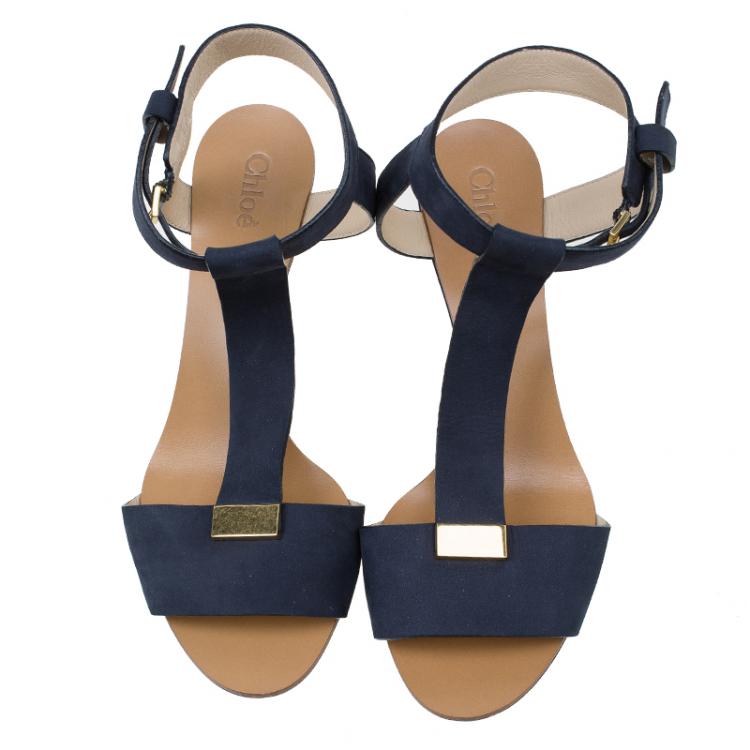 Pre Owned Chloe Navy Blue Nubuck T Strap Ankle Strap Wedge Sandals Size 37
